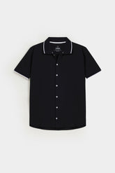 Cotton Pique Jacquard Collar Shirt - Midnight Black