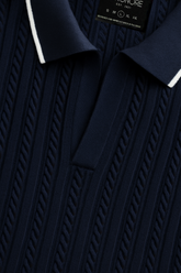 Cotton Cable Knit Polo - Royal Navy