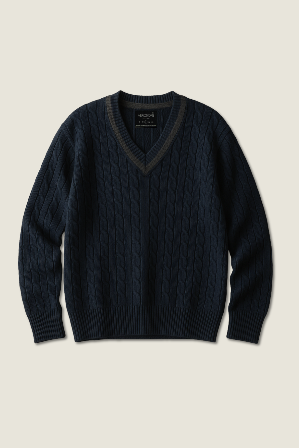 Wool Cable Knit V Neck Stripe Sweater - Royal Navy
