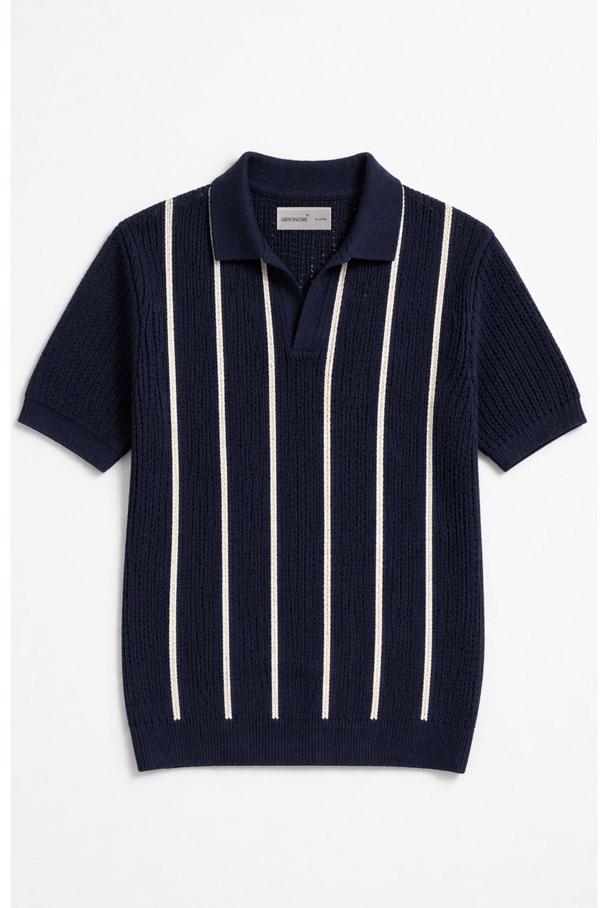 Cotton Mesh Vertical Stripe Polo - Admiral