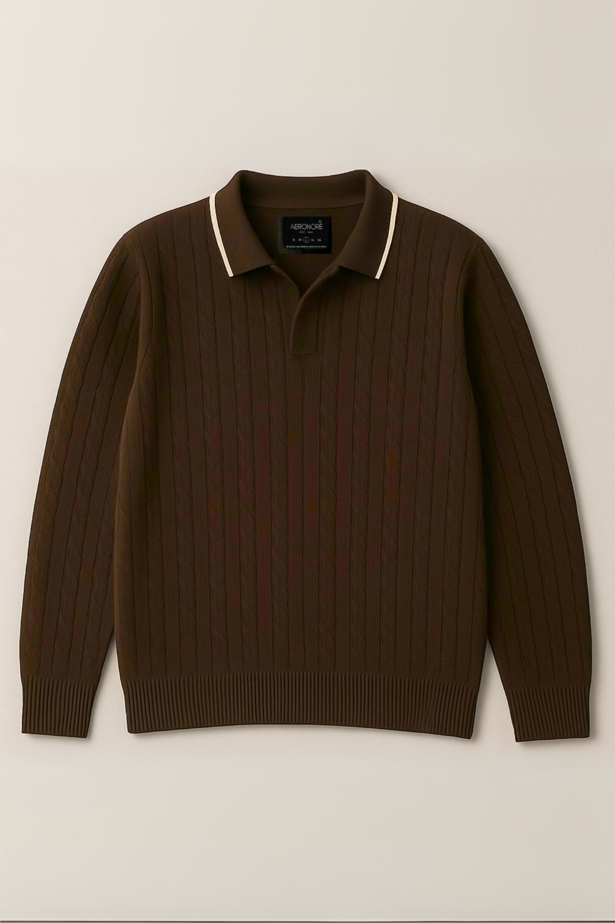 Wool Cable Knit Polo Sweater - Saddle Brown