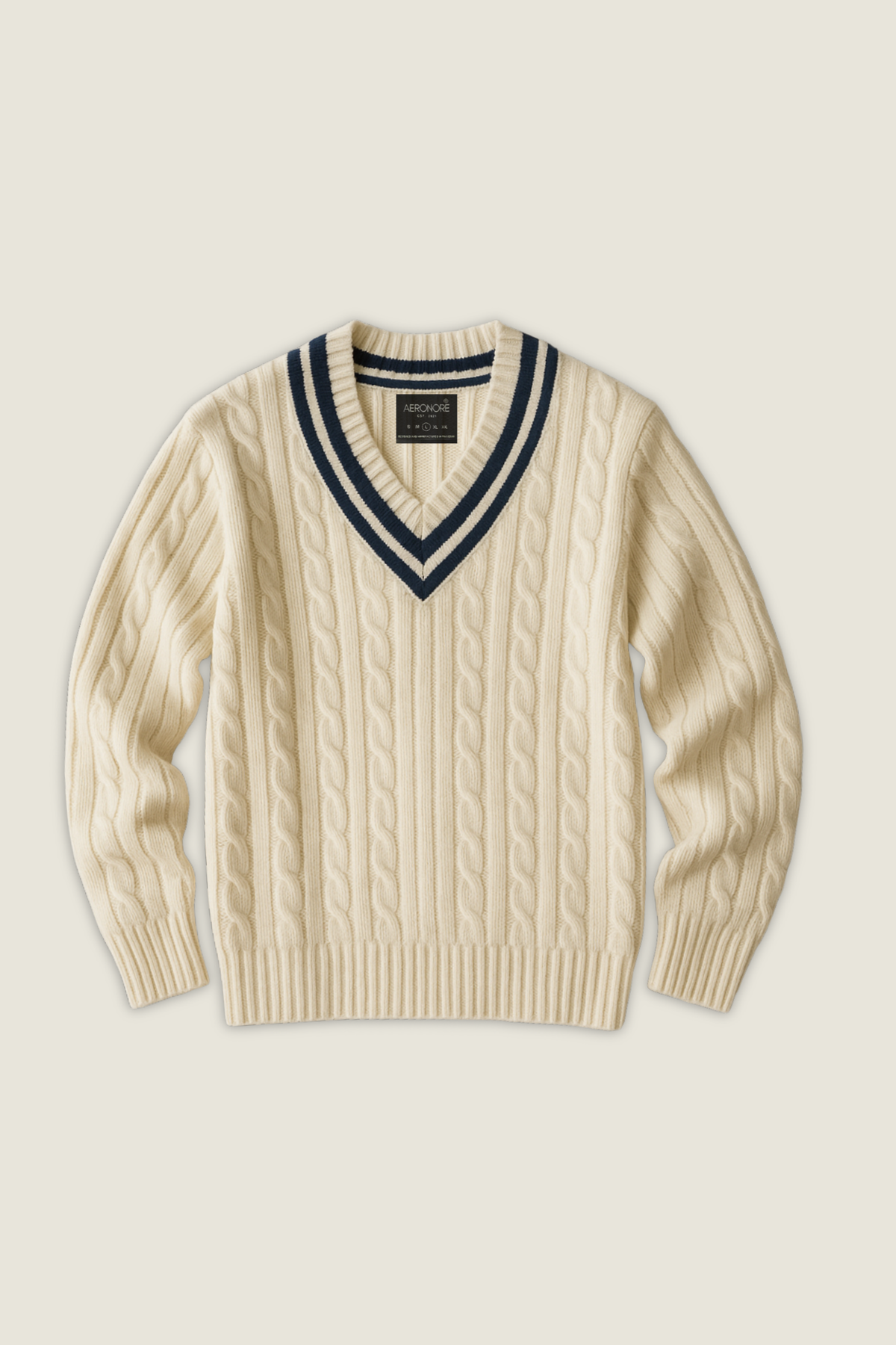 Wool Cable Knit V Neck Cricket Sweater - Ivory