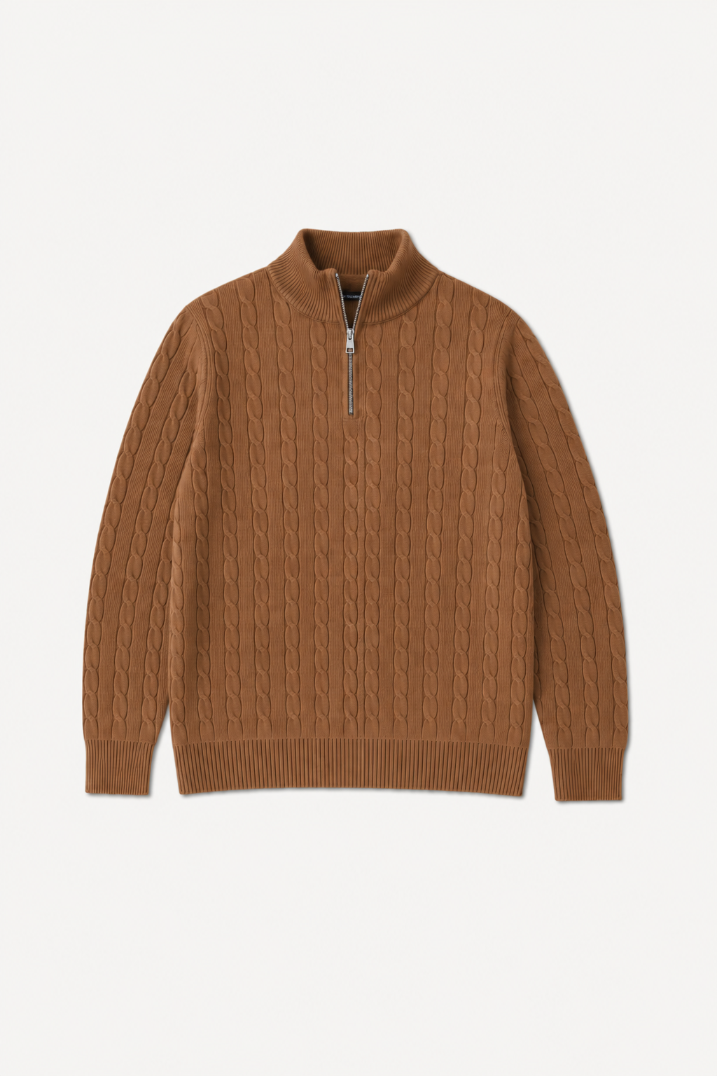 Cable Knit Cotton Half Zip Sweater - Tan
